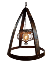 Load image into Gallery viewer, Rustic Barrel Stave Chandelier with light on
