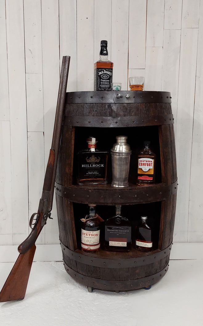 Half Whiskey Barrel Bar frontal view with props