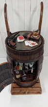 Load image into Gallery viewer, Whiskey Barrel Delivery Bar Cart top view door open with props
