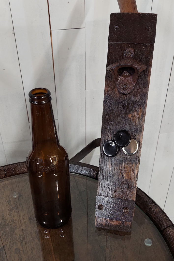 Barrel Stave Bottle Opener vertical view with bottle and caps