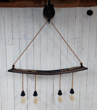 Load image into Gallery viewer, Barrel Stave with Barn Pulley Hanging Light lights off
