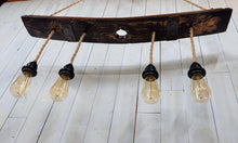 Load image into Gallery viewer, Barrel Stave with Barn Pulley Hanging Light view looking up
