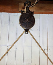 Load image into Gallery viewer, Barrel Stave with Barn Pulley Hanging Light close up of pulley
