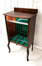 Load image into Gallery viewer, Larkin open-faced music cabinet with hunter green beadboard back panel. Front view from right side.
