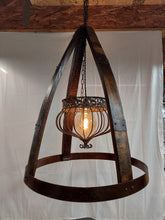 Load image into Gallery viewer, Rustic Barrel Stave Chandelier close up light on
